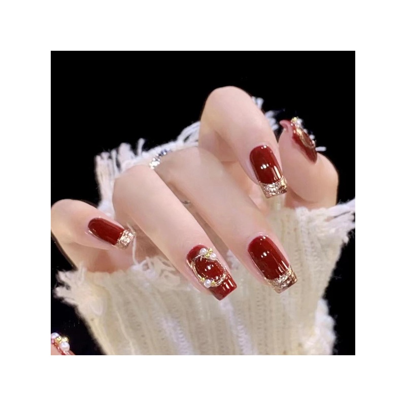 The Pink Truck Set Of 24 Artificial Reusable Nails With Glue – Red With Golden Glitter