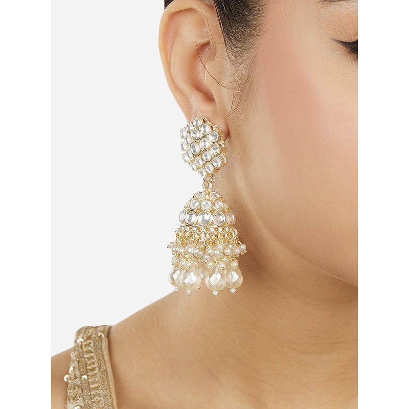 Zaveri Pearls Gold-Plated Kundan Stone Studded & Beaded Jhumkas