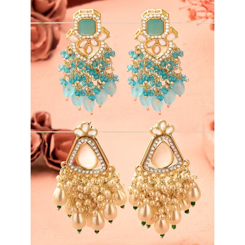 Zaveri Pearls Set of 2 Contemporary Gold-Plated Drop Earrings