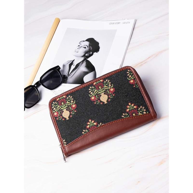 ZOUK Women Green & Brown Ethnic Motifs Printed Zip Around Wallet