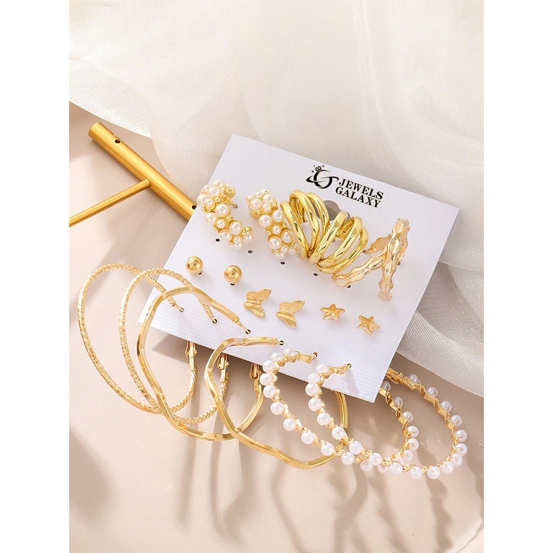 Jewels Galaxy Set of 9 Gold-Plated Contemporary Hoop Earrings And Studs