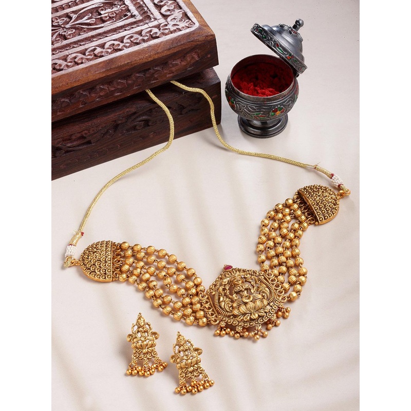 PANASH Gold-Plated Gold Stone-Studded & Beaded Jewellery Set