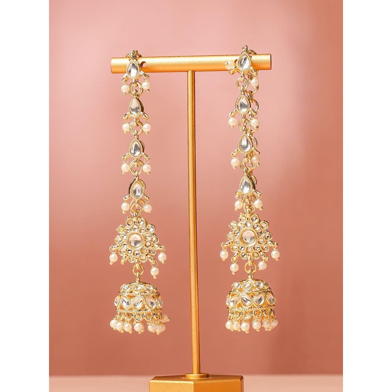 Rubans 18K Gold-Plated White Kundan & Cream Pearl Beaded Long Jhumka Earring Extensions