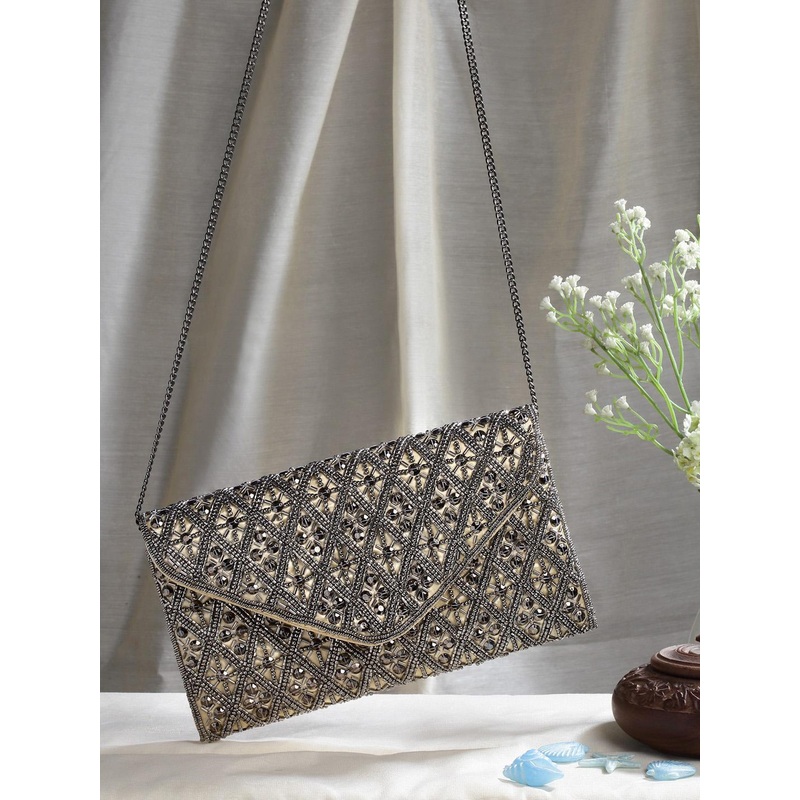 Anekaant Beads & Sequines Embellished Satin Sling Bag