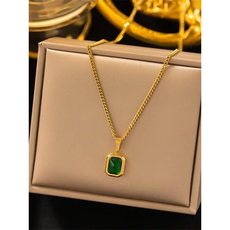 JEWILLEY Gold-Plated Stainless Steel Emerald Studded Anti-Tarnish Square Pendant & Chain