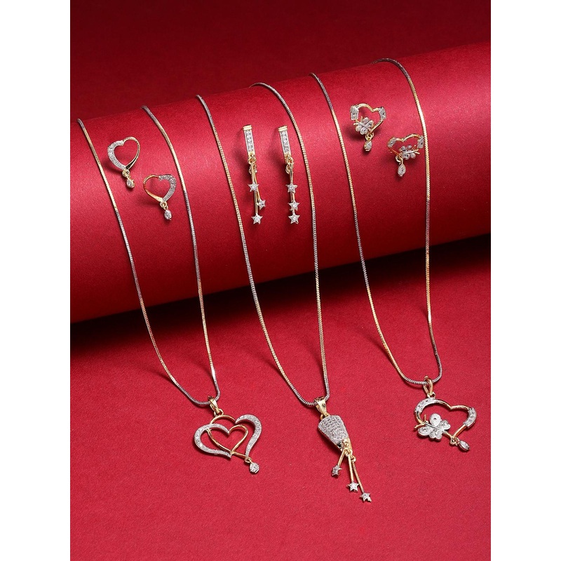 Kennice Set Of 3 Gold-Plated Cubic Zirconia Studded Chain Pendant Set