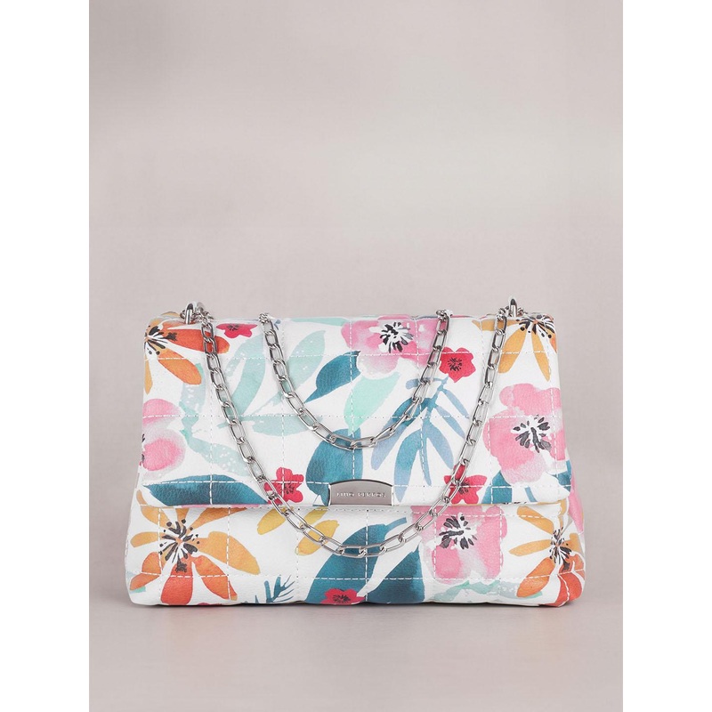 Lino Perros Floral Printed Structured Shoulder Bag with Quilted Detail