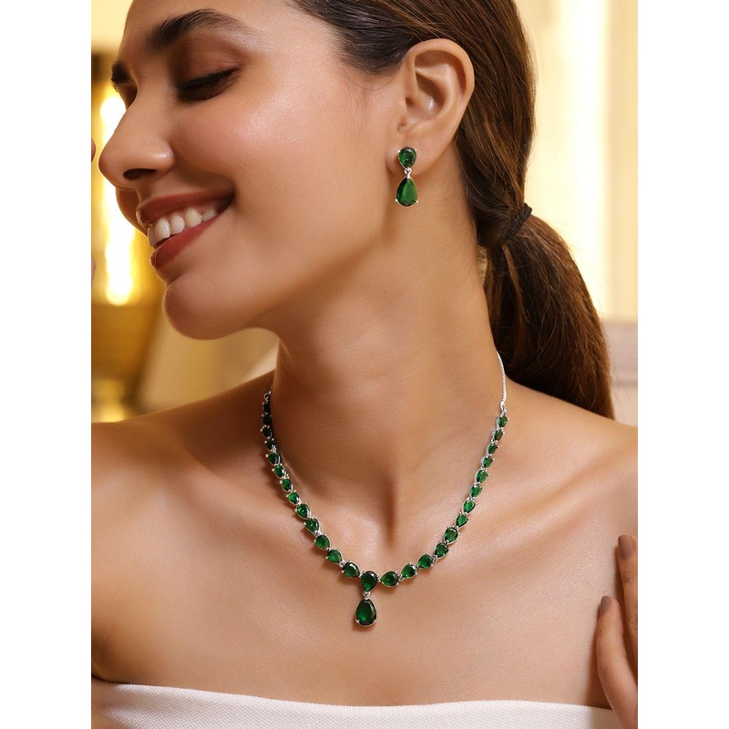 Rubans Rhodium-Plated Crystal Emerald Studded Jewellery Set