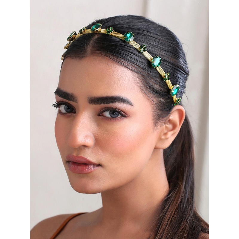 Yellow Chimes Women Green Crystal Beaded Headchain