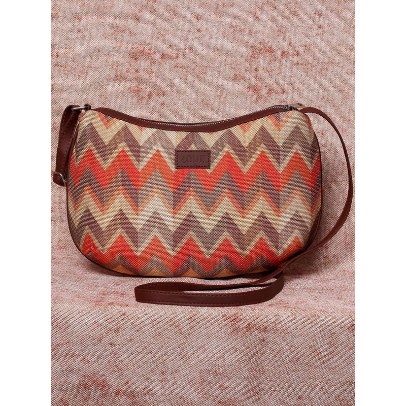 ZOUK Orange Geometric Half Moon Sling Bag with Cut Work
