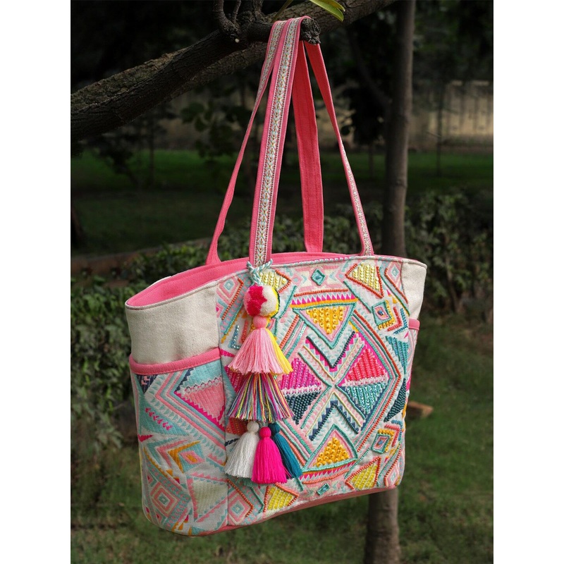 Anekaant Geometric Embellished Jacquard Cotton Shopper Tote Bag With Tasseled