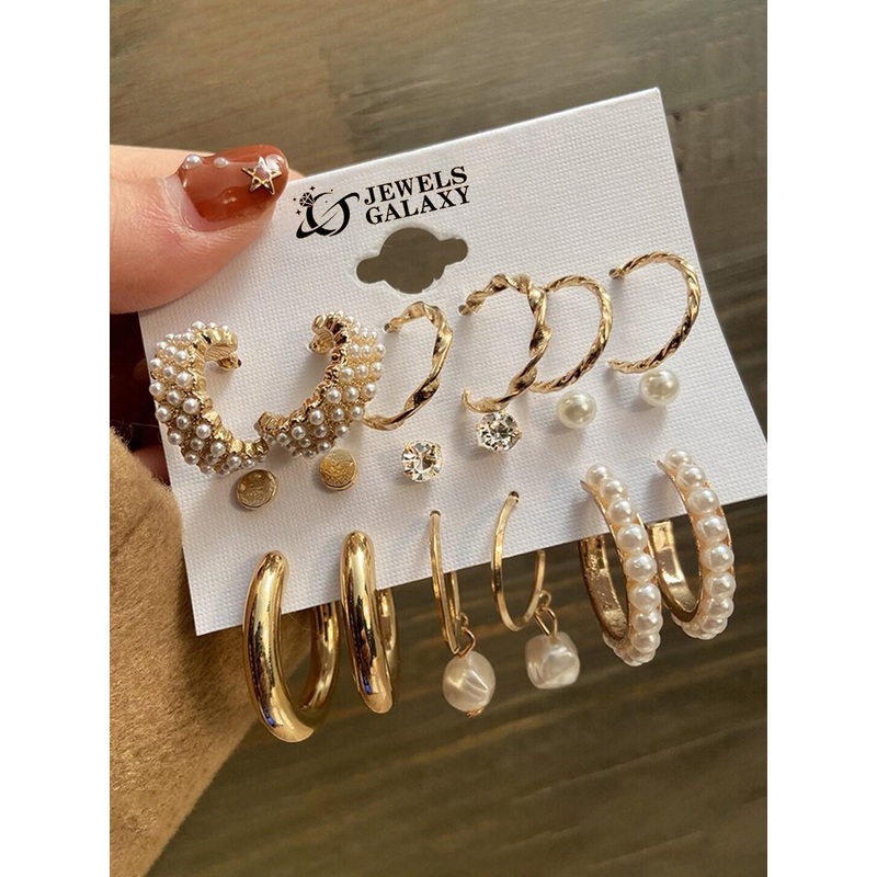 Jewels Galaxy Set Of 9 Gold-Plated Contemporary Studs Earrings