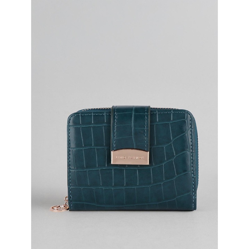 Lino Perros Women Teal Blue Croc Textured Two Fold Wallet