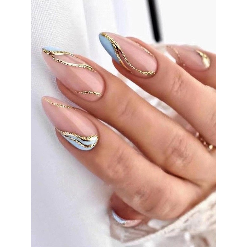 The Pink Truck Set Of 24 Reusable Artificial Nails – English Blue & Gold