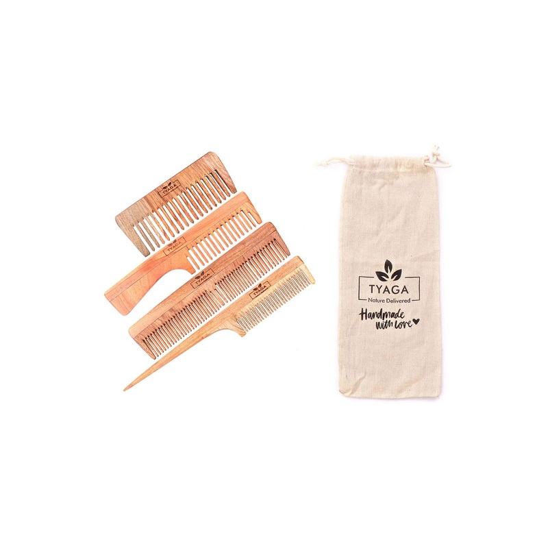 Tyaga Set of 4 Neem Wood Anti-Dandruff Comb with Pouch – Beige