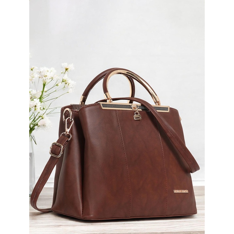 WOMEN MARKS Women Coffee Brown Textured PU Structured Handheld Bag with Bow Detail