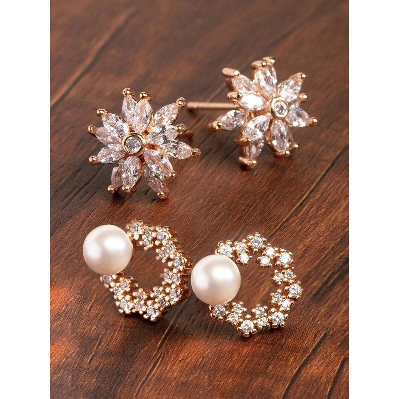 Zaveri Pearls Set of 2 Rose Gold-Plated Handcrafted Contemporary Studs