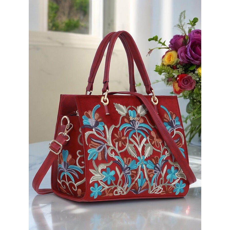 Exotic Floral Embellished PU Structured Handheld Bag