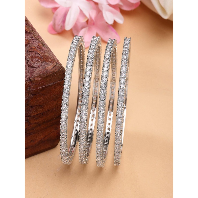 ZENEME Women Set Of 4 Rhodium-Plated Simple Multilayered Shimmer Bangles