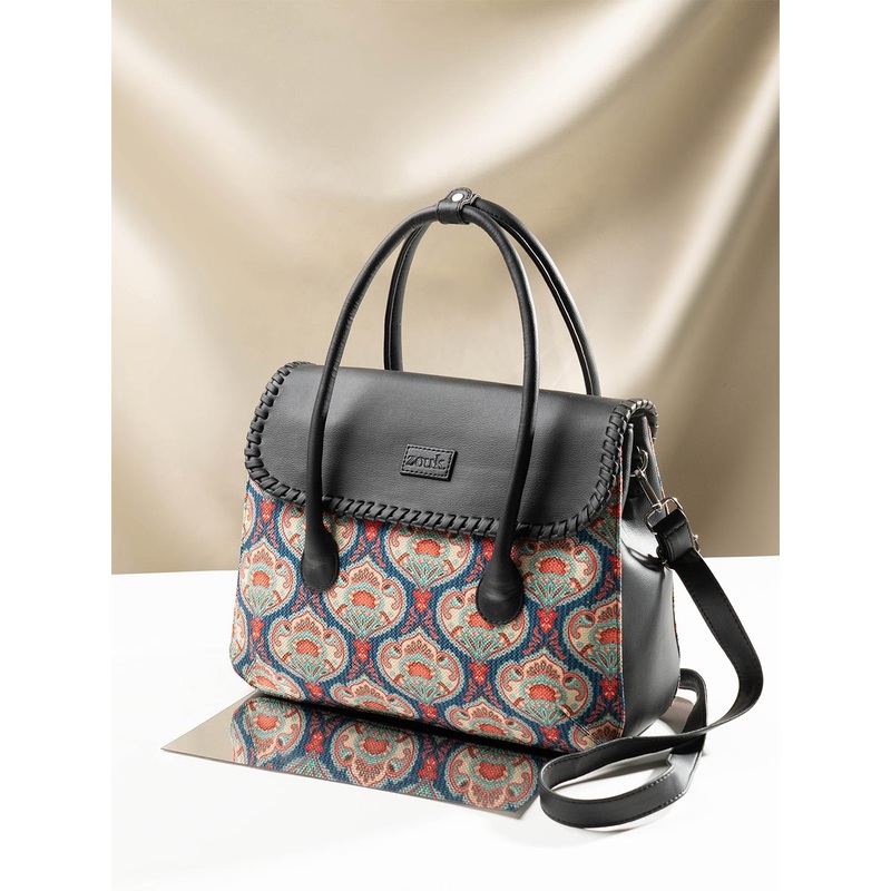 ZOUK Ethnic Motifs Printed Structured Jute Satchel Bag