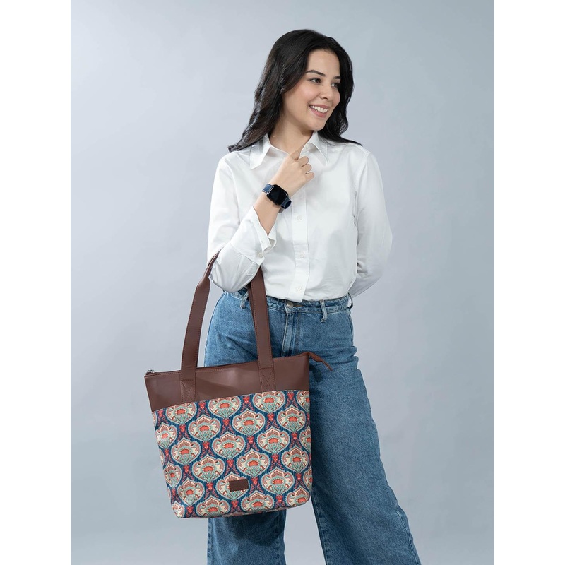 ZOUK Ethnic Printed Structured Jute Tote Bag