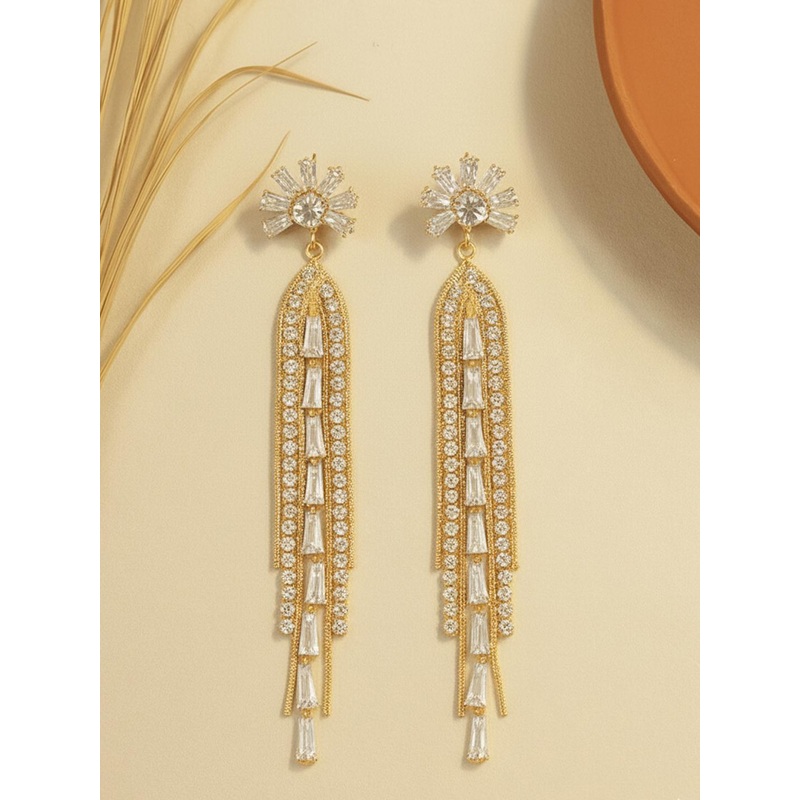 Bohey by KARATCART Gold-Plated AD Studded Tasselled Floral Shaped Drop Earrings