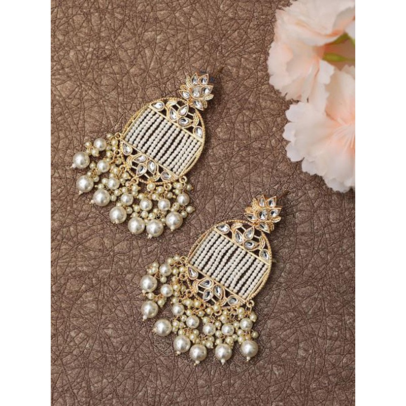 Jazz and Sizzle Women White  Kundan Pearl Oval Drop Earrings