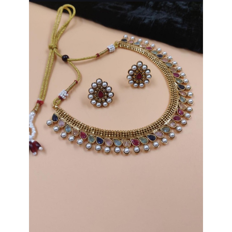 JYONA Gold-Plated Stone Studded & Beaded Jewellery Set