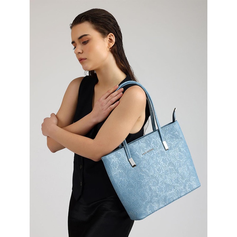 Lino Perros Blue Floral Textured PU Structured Laptop Bag