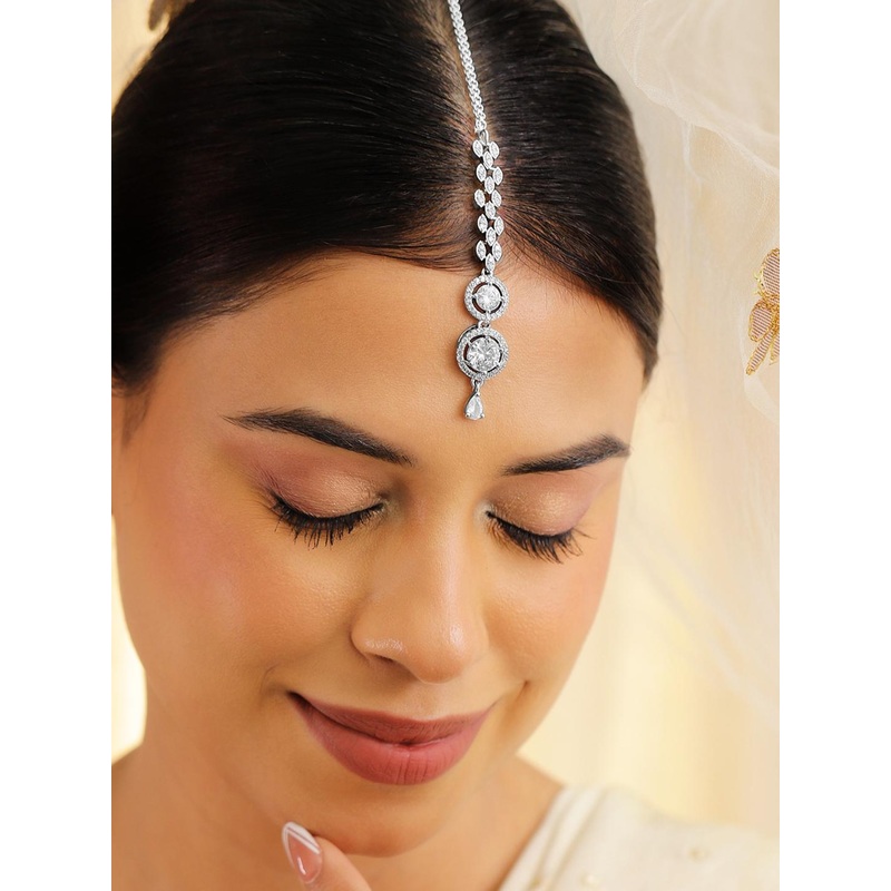 Rubans Rhodium-Plated Artificial Stones Studded Maang Tikka