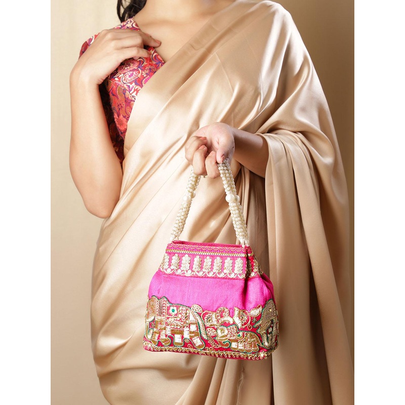 Rubans Silk Elephant Motif Embroidery With Pearl Handle Potli Bag