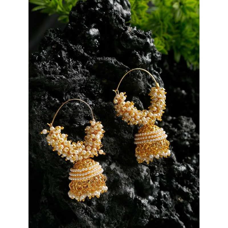 YouBella Off-White Gold-Plated Beaded Dome Shaped Jhumkas