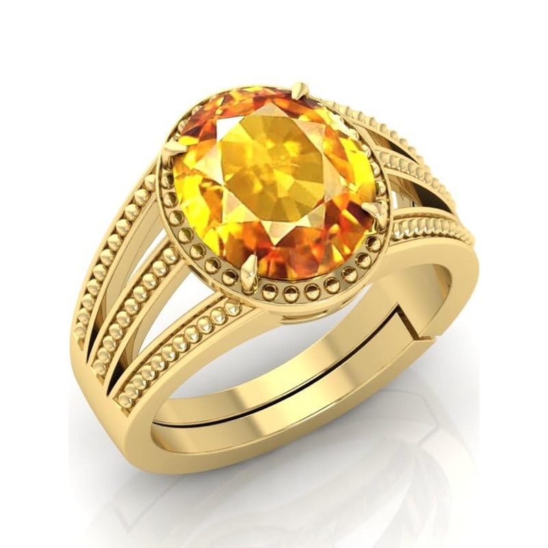 12.25 Ratti Pukhraj Stone Original Certified Yellow Sapphire Gemstone Gold Plated | Adjustable Ring