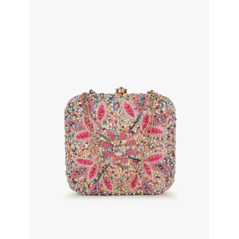 Anekaant Women Pink & White Embellished Box Clutch