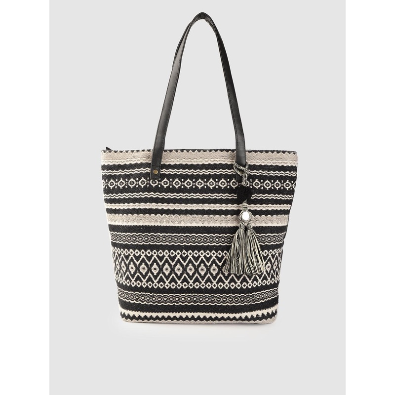 Anouk Black & Off-White Geometric Patterned Shopper Tote Bag with Tasselled Detail