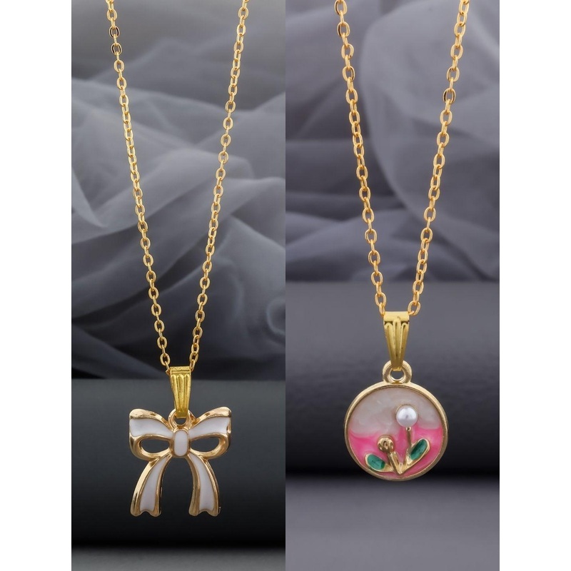 Birado Jewellery Set Of 2 Stainless Steel Gold-Plated Quirky Shaped Pendants With Chain