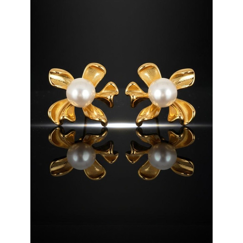 DIVASTRI Gold-Plated White Pearl-Studded Anti Tarnish Floral Studs Earrings