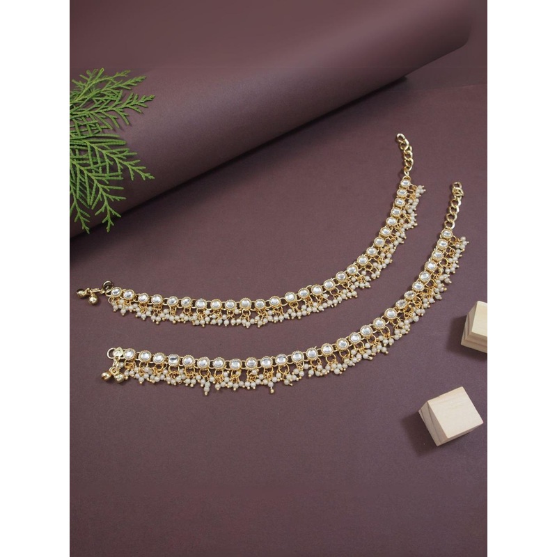 I Jewels Set of 2 Gold Plated Pearl Studded & Beaded Anklets