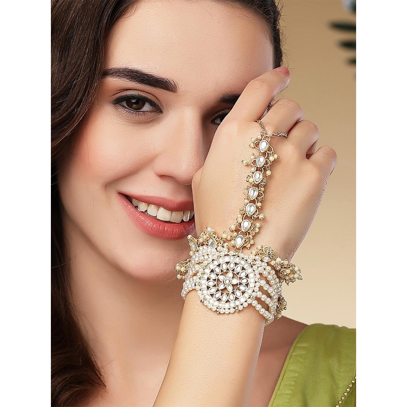 KARATCART Women Gold-Plated & White Kundan Wraparound Bracelet