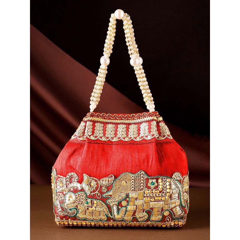 Rubans Red Embroidered & Green Border Potli Bag with Pearl Handle