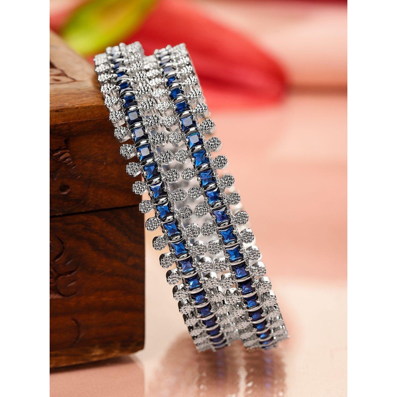 Rubans Set of 2 Rhodium-Plated Blue & White Cubic Zirconia Studded Handcrafted Luxe Bangle