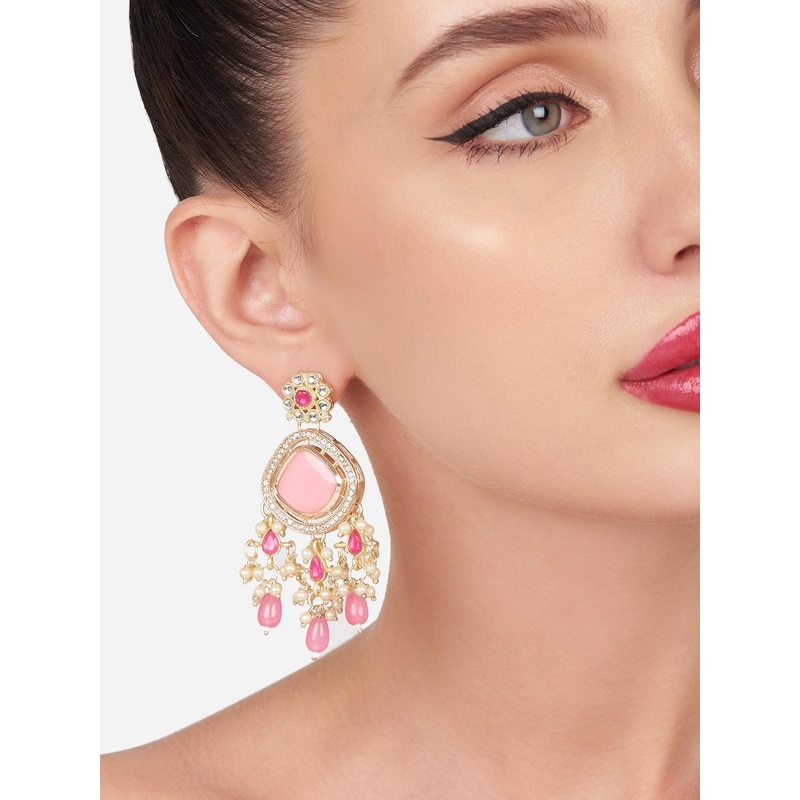 Zaveri Pearls Gold-Plated Stone-Studded & Beaded Contemporary Drop Earrings