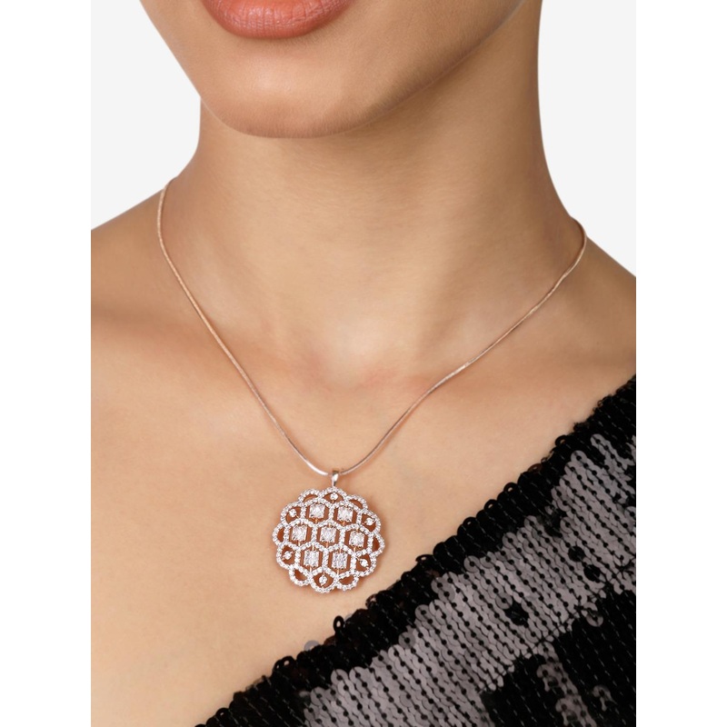 Zaveri Pearls Rose Gold-Plated Circular Cubic Zirconia Studded Pendant with Chain