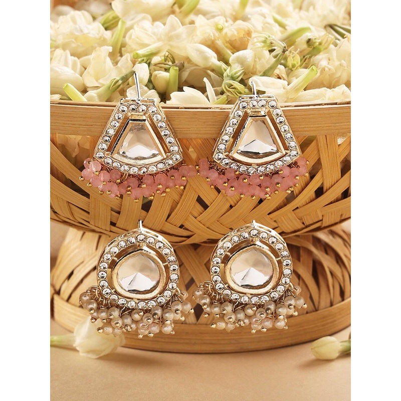 Zaveri Pearls Set Of 2 Gold Plated Austrian Diamonds Drop Earrings