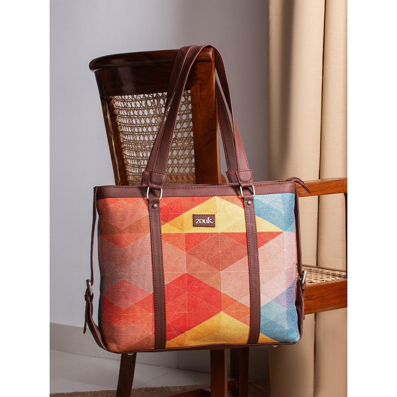 ZOUK Red & Blue Printed Vegan Leather Sustainable Laptop Shoulder Tote Bag