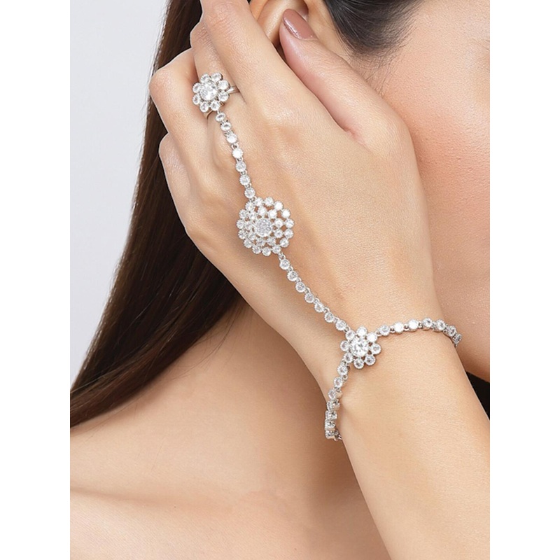 Anouk White Rhodium-Plated American Diamond-Studded Brass Ring Bracelet