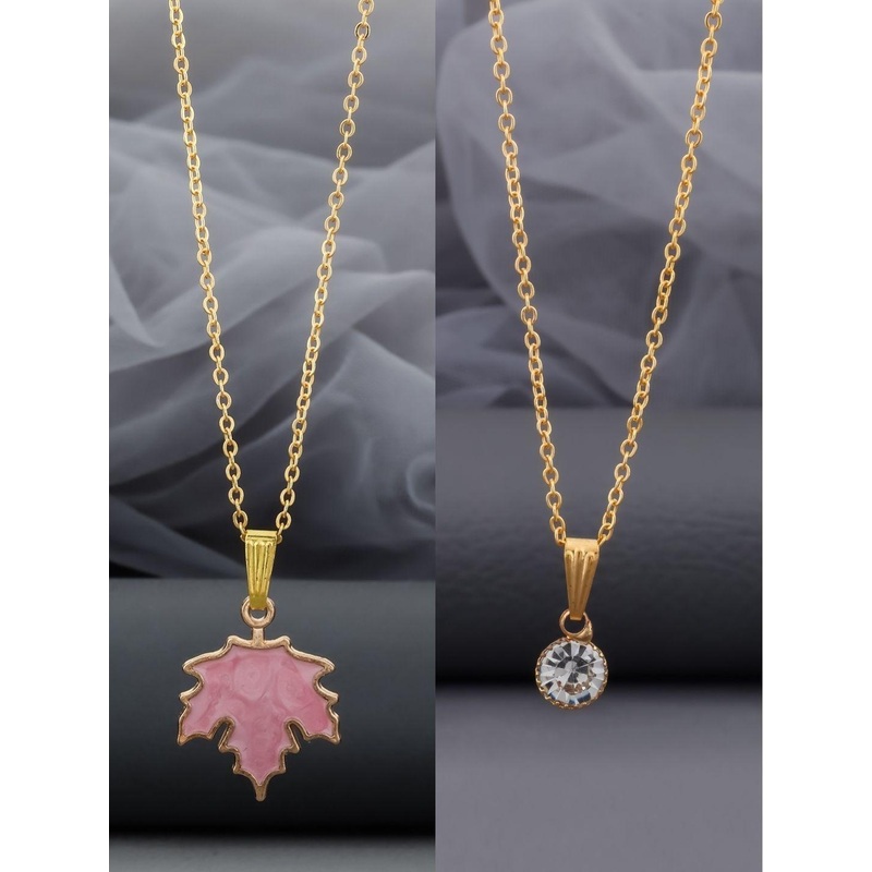 Birado Jewellery Set Of 2 Stainless Steel Gold-Plated Stones Studded Pendent & Chain