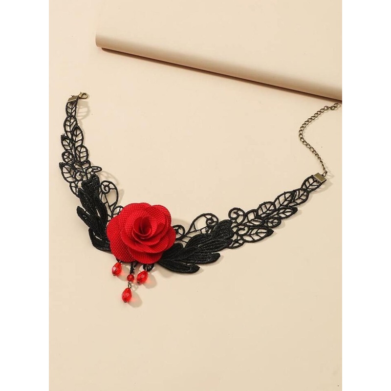 DESTINY JEWELS Gothic Lolita Red Rose Flower Lace Pleated Choker Necklace