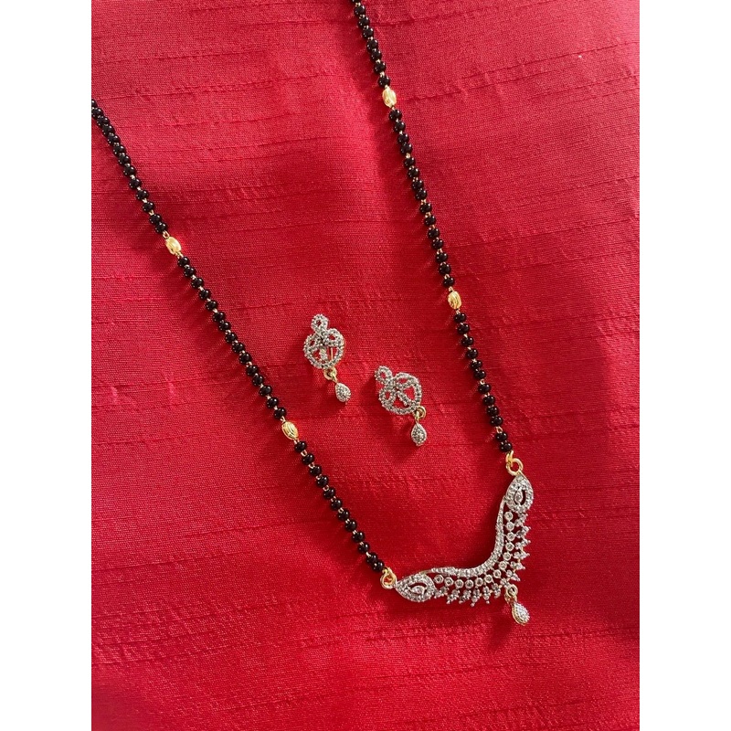 Digital Dress Room Gold-Plated & White AD-Studded & Beaded Long Mangalsutra With Earrings