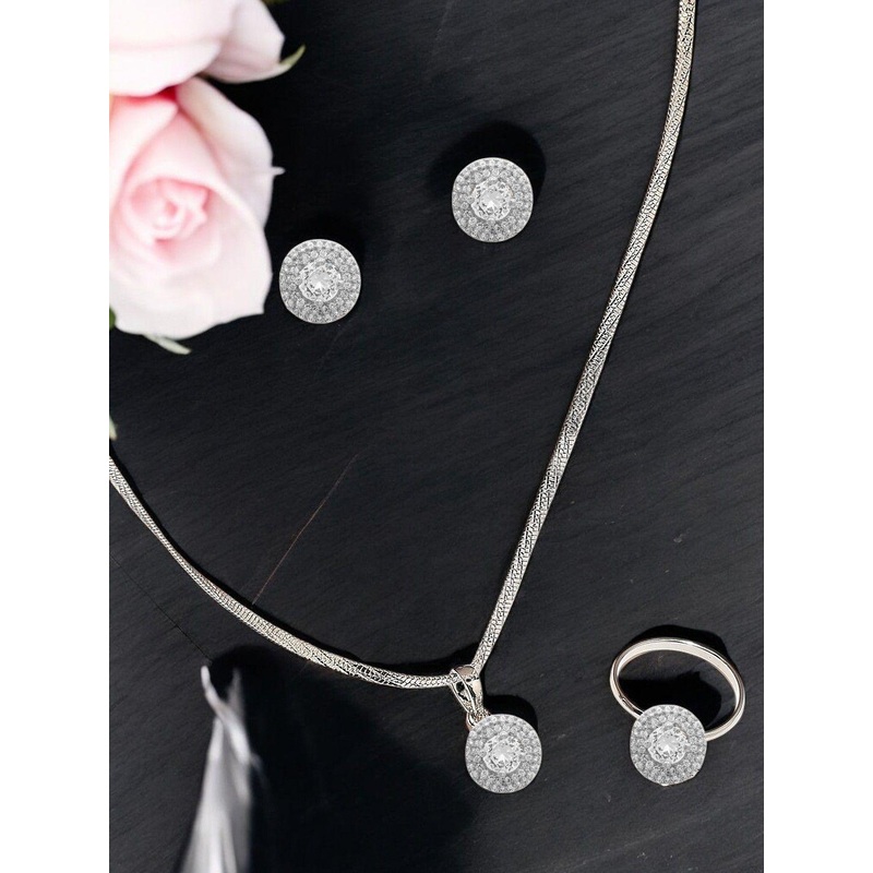 fabula Cubic Zirconia Stone-Studded Round Solitaire Jewellery Set